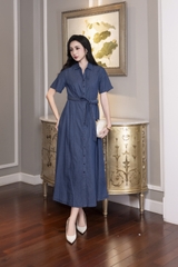 SWANLAKE | Váy Đầm Nữ Sơ Mi Suông Trơn Cài Nút Denim Jean Wash Tay Ngắn Dây Thắt Eo Công Sở D12990LW01