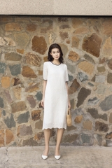 Váy Đầm Nữ Midi Vải Cotton Thêu Đục Lỗ Cổ Tròn Tay Ngắn D13482LW01