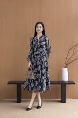 SWANLAKE | Váy Đầm Nữ Maxi Suông Xòe 2 Lớp Cổ Trụ Cài Nút Tay Dài Vải Tơ In Bông Hè Đi Biển D12073LW05
