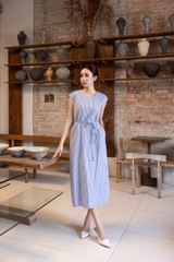 Váy Đầm Nữ Suông Vải Cotton Sọc Cổ Tròn Tay Hến Dây Thắt Eo D13641LW01