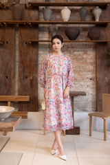 SWANLAKE | Váy Đầm Nữ Maxi Suông 2 Lớp Cổ Tròn Tay Dài Dây Thắt Eo Vải Tơ In Hoa Đi Biển Hè D13653LW01