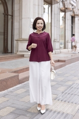 M COLLECTION | Áo Kiểu Nữ Trung Niên Tặng Mẹ Lụa Hàn Thêu Hoa Ren Cài Nút Tay Bo Chun Bí Lỡ A12701LW01