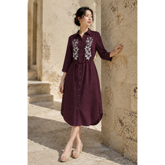 SWANLAKE | Váy Đầm Nữ Sơ Mi Suông Cài Nút Vải Linen Hàn Thêu Hoa Tay Lỡ Dây Thắt Eo Công Sở D13763LW01