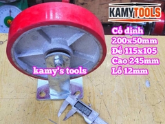 Combo đế càng CỐ ĐỊNH và bánh xe PU mâm gang 200mm 200x50mm Kamytools KMT-CD200PU