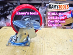 Combo đế càng XOAY KHÓA và bánh xe PU mâm gang 150mm 150x50mm Kamytools KMT-KHOA150PU