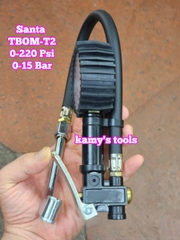 Tay bơm lốp có đồng hồ đo áp suất xe ô tô dạng thẳng Santa TBOM-T2, vòi bơm lốp đầu xe máy ô tô xe tải