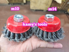 Chén cước hay chổi cước thép xoắn 75mm 3 inch tán M10x1.5 và M14x2.0