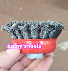 Chén cước hay chổi cước thép xoắn 75mm 3 inch tán M10x1.5 và M14x2.0