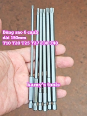 Mũi bắn siết vít bông sao 6 cạnh đuôi lục giác 1/4 inch dài 150mm thép S2 cỡ T10 T15 T20 T25 T27 T30 T40