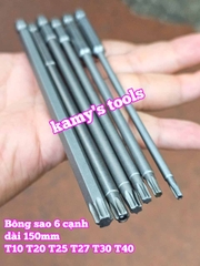 Mũi bắn siết vít bông sao 6 cạnh đuôi lục giác 1/4 inch dài 150mm thép S2 cỡ T10 T15 T20 T25 T27 T30 T40