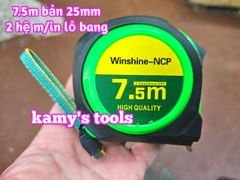 Thước Rút 7.5m Bản 25mm Winshine NCP Xanh Đen 2 hệ mét inch có lỗ bang, Thước cuộn 7.5m, Thước Kéo 7.5m