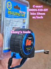 Thước cuộn 5m 16ft bản 19mm C-Mart model D0004-519-GY bọc nhựa chống va đập, thước kéo 5 mét