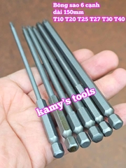 Mũi bắn siết vít bông sao 6 cạnh đuôi lục giác 1/4 inch dài 150mm thép S2 cỡ T10 T15 T20 T25 T27 T30 T40