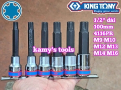Bộ đầu tuýp lú đầu sao M lớn vuông 1/2 inch dài 100mm Kingtony 4116PR 6 chi tiết M9 M10 M12 M13 M14 M16