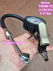 Tay bơm lốp có đồng hồ đo áp suất xe ô tô dạng thẳng Santa TBOM-T2, vòi bơm lốp đầu xe máy ô tô xe tải