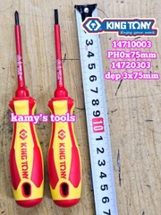 Tua vít cách điện VDE 1000V dẹp 3mm bake PH0 dài 75mm (3x75mm, PH0x75mm) Kingtony 14720303 14710003
