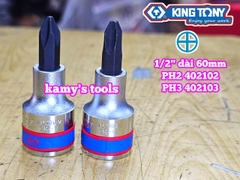 Đầu tuýp 1/2 inch lú đầu mũi vit bake 4 cạnh Kingtony PH2 402102 và PH3 402103