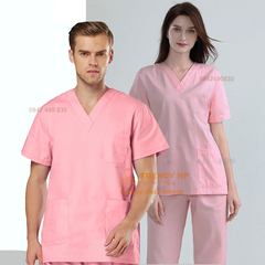 Bộ scrubs cổ tim màu Hồng Cotton Cao Cấp cho bác sĩ, dược sĩ, thẩm mỹ viện, spa, phòng khám