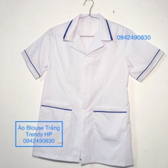 Áo blouse trắng y tá nam nữ hàng đẹp - áo điều dưỡng nam nữ cộc tay có viền xanh