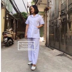 Bộ quần áo blouse trắng điều dưỡng, y tá nam nữ có viền xanh