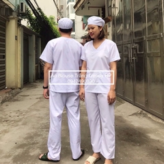 Bộ quần áo scrubs trắng nam nữ cộc tay - bộ quần áo blouse trắng cổ tim nam nữ