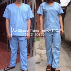 Bộ đồng phục phòng khám, thẩm mỹ viện, spa cổ tim màu xanh dương