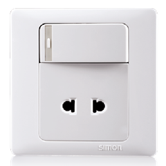 Ổ cắm 2 chấu, dùng cho chấu tròn và dẹt kèm công tắc 1 chiều có dải phản quang vuông, 10A 250V~ Simon Series 50 51076BTY