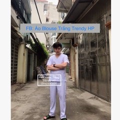 Bộ quần áo blouse y tá, dược sĩ nam cổ tim - bộ scrubs trắng bác sĩ