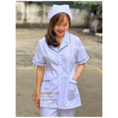 Bộ quần áo blouse trắng có viền xanh túi chéo Hàn Quốc nữ cộc tay cho điều dưỡng, dược sỹ, y sỹ, y tá, thẩm mỹ viện
