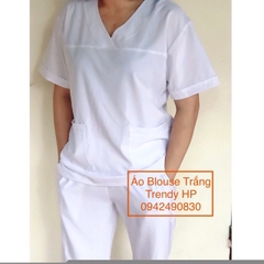 Bộ quần áo blouse trắng cổ tim nữ cộc tay cao cấp chất Lon Nhuyễn mát