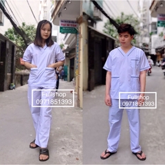 Bộ blouse trắng cổ tim có viền xanh - bộ scrubs trắng cỗ chữ V điều dưỡng, y tá, hộ lý dược sỹ Nam nữ cộc tay