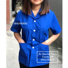 Áo công nghệ xanh, áo blouse Nam nữ màu xanh dương đậm-Áo tạp vụ, nhân viên vệ sinh nhà hàng, khách sạn, bệnh viện