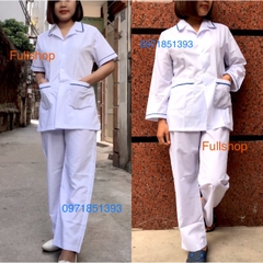 Bộ quần áo blouse trắng điều dưỡng nam nữ có viền xanh - bộ blouse trắng y tá cộc tay, dài tay