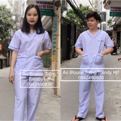 Bộ blouse cổ tim nam nữ- bộ scrubs kỹ thuật viên màu trắng có viền xanh nam nữ cộc tay cho bác sỹ, điều dưỡng, dược sỹ
