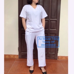 Bộ quần áo blouse trắng cổ tim nữ cộc tay cao cấp chất Lon Nhuyễn mát