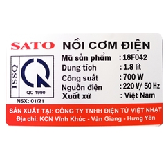 Nồi Cơm Điện SATO 1,8 Lít - 18F042