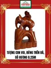 Tượng Con Voi, Đứng Trên Đá, Gỗ Hương, 0.25m