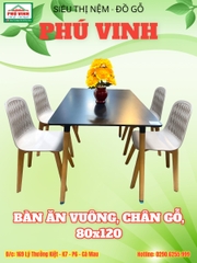 Bàn Ăn Vuông, Chân Gỗ, 80x120 ( 4 Ghế )