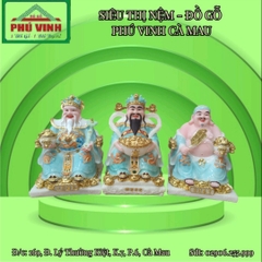 Bộ 3 Thần Tài - Thổ Địa - Thần Tiền Đá Vẽ Gấm 10 inch