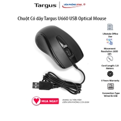 Chuột Có dây Targus U660 USB Optical Mouse. Độ phân giải 1600 DPI. 3 nút điều khiển. Kết nối USB chính hãng Vanphongstar