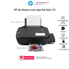 Máy in phun màu HP Ink Tank 315 EM AIO BASE WW Z4B04A (All In One) Copy In 1 mặt Scan (Màu), Tốc độ in 8 trang/phút