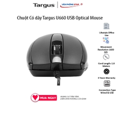 Chuột Có dây Targus U660 USB Optical Mouse. Độ phân giải 1600 DPI. 3 nút điều khiển. Kết nối USB chính hãng Vanphongstar