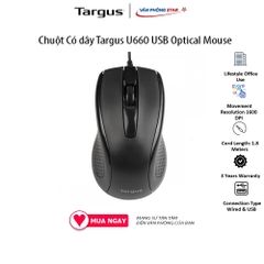 Chuột Có dây Targus U660 USB Optical Mouse. Độ phân giải 1600 DPI. 3 nút điều khiển. Kết nối USB chính hãng Vanphongstar