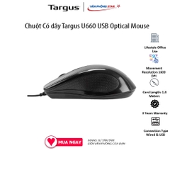 Chuột Có dây Targus U660 USB Optical Mouse. Độ phân giải 1600 DPI. 3 nút điều khiển. Kết nối USB chính hãng Vanphongstar