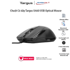 Chuột Có dây Targus U660 USB Optical Mouse. Độ phân giải 1600 DPI. 3 nút điều khiển. Kết nối USB chính hãng Vanphongstar