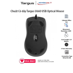 Chuột Có dây Targus U660 USB Optical Mouse. Độ phân giải 1600 DPI. 3 nút điều khiển. Kết nối USB chính hãng Vanphongstar