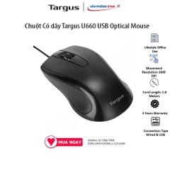 Chuột Có dây Targus U660 USB Optical Mouse. Độ phân giải 1600 DPI. 3 nút điều khiển. Kết nối USB chính hãng Vanphongstar