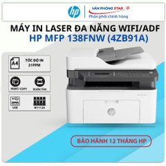 Máy in Laser đa năng HP MFP 138FNW (4ZB91A) (Print/Copy/Scan/Fax/Wifi/ADF) - Bảo hành chính hãng 12 tháng