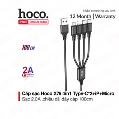 Cáp sạc nhanh 2A Hoco X76 4 đầu 4in1  2c (2 type c+ 1 micro+ 1 lightning) 4in1 dây dù chính hãng đa năng [BH 1 năm]