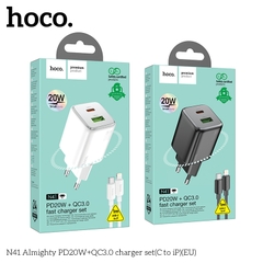 Bộ sạc nhanh 20w HOCO N41 (c-l) cáp Type C ra iPhone Lightning PD20w + QC3.0 cóc 2 cổng (1 cổng usb 1 cổng type C) chính hãng [BH 1 Năm]